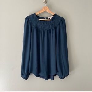 Loft Mixed Media Boho Blouse Size Large Dark Teal